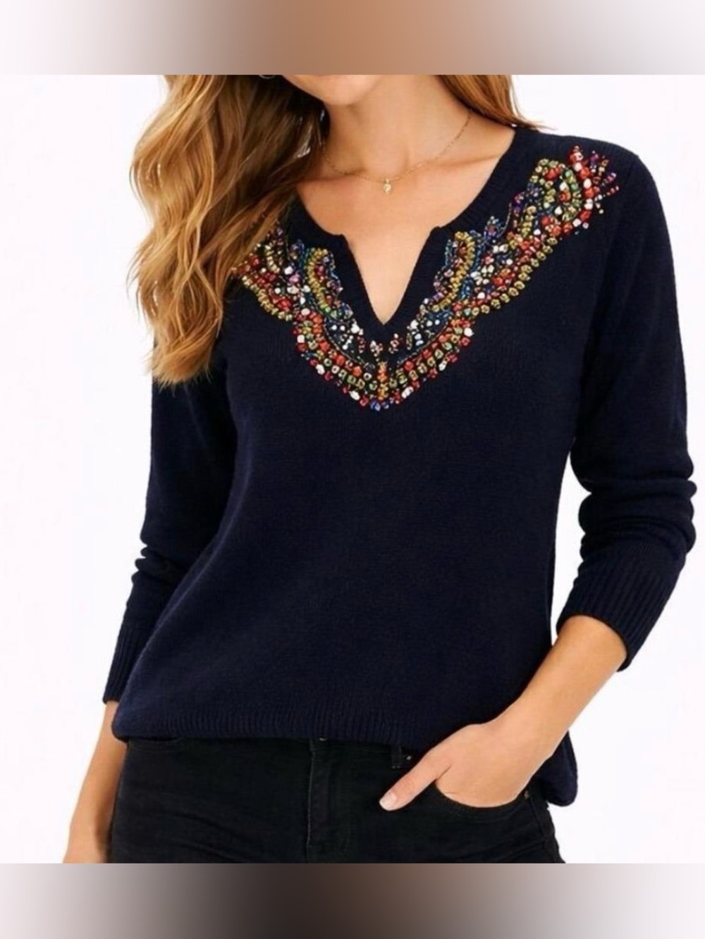 Moth by Anthropologie Navy with Multicolor Bead Embellishment Sweater - Size S